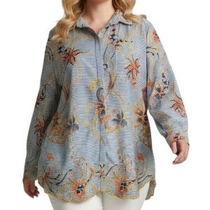 Peck & Peck Blue/White Stripe Orange Floral Embroidered Cottagecore Blouse XL